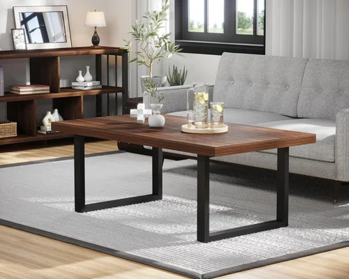 Vista 11 de IBF Mesa auxiliar rústica, de madera y metal, simple mesa central industrial moderna, mesa de cóctel rectangular minimalista de madera para sala