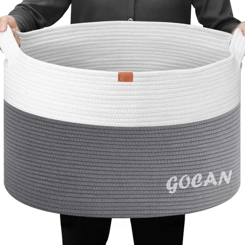 Vista 12 de GOCAN Cesta de almacenamiento extragrande para lavandería, 22 x 22 x 14 pulgadas, cesta tejida de cuerda de algodón para manta con asas para sala