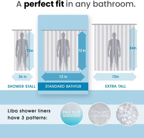 Vista 4 de LiBa Forro de cortina de ducha PEVA con 12 anillos de plástico, forro de ducha impermeable 8G para baño, forro de cortina de ducha de 72 x 72
