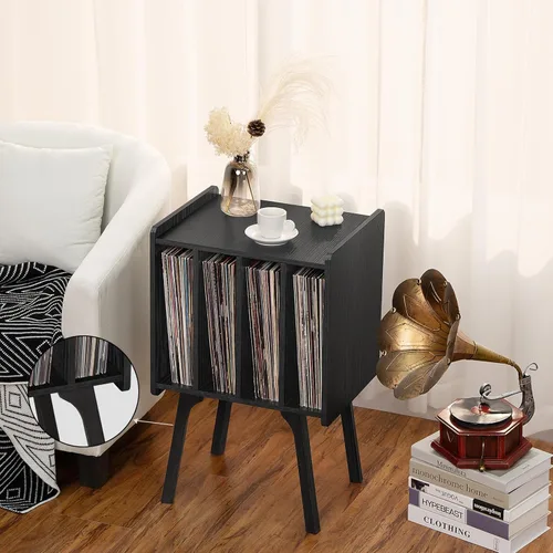 Vista 6 de Lerliuo Record Player Stand with Storage Holds Up to 80 Albums, Turntable Stand with Beech Wood Legs, Mid-Century Record Player Table,Black Vinyl