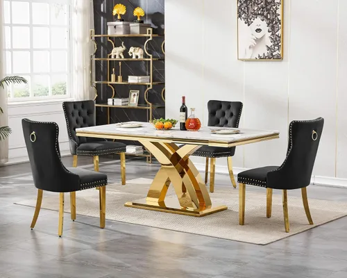Vista 15 de Mesa de comedor de mármol blanco y dorado de 68.11 pulgadas con 6 sillas de comedor de terciopelo beige, juego de mesa de comedor de mármol Mesa