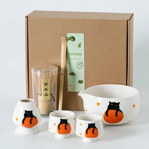 Vista 13 de Juego de té Matcha único para gatos, cuenco de matcha con boquilla, 2 tazas, batidor de bambú, soporte y cuchara, juego de 6 piezas de matcha