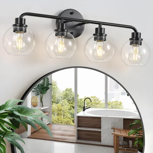 Vista 19 de Lámparas de baño doradas para tocador, 3 luces, apliques de pared, luces de latón cepillado con pantallas de vidrio globo transparente, lámpara