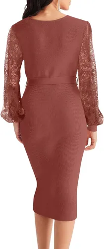 Vista 3 de MEROKEETY Vestido de suéter de manga larga con cuello en V para mujer, sexy, de punto envolvente, ajustado, con cinturón