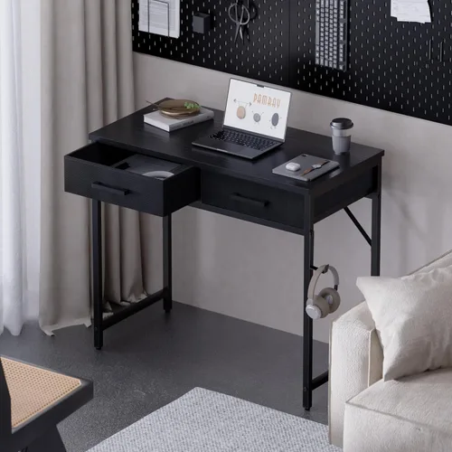 Vista 2 de Pamray Escritorio pequeño para computadora de 32 pulgadas con 2 cajones para dormitorio, estudio, escritura, mesa de oficina en casa para espacios