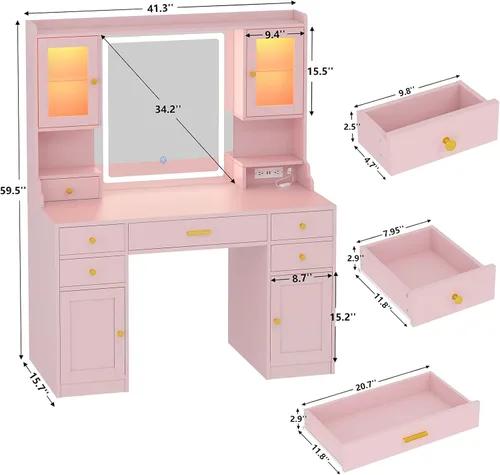 Vista 3 de Escritorio de tocador con espejo iluminado LED, mesa de tocador de maquillaje de 41.3 pulgadas con toma de corriente y 6 cajones y estantes