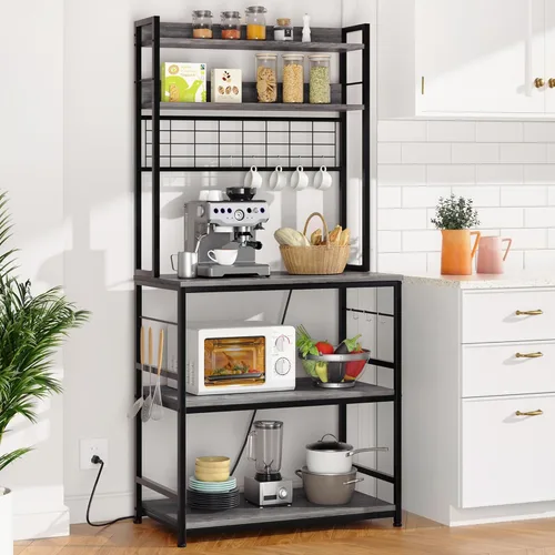 Vista 16 de Shintenchi Estante para panaderos con toma de corriente, gran espacio de almacenamiento, barra de café de 10 ganchos con panel de alambre de metal