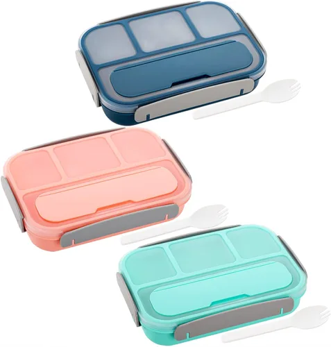 Vista 9 de Okllen Paquete de 3 loncheras Bento con cuchara y 4 compartimentos, recipientes de plástico para preparación de comidas con tapas, contenedor