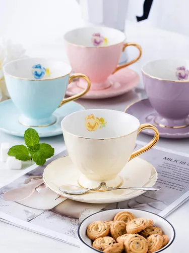 Vista 5 de Jusalpha® Service for 4- Fine China Multicolor Coffee Cup/Teacup Set with Stainless Spoons, 7 OZ Cups& Saucer, (7 OZ Regular size)