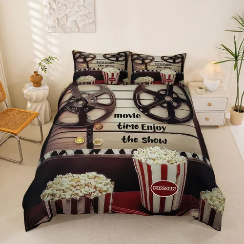 Homewish Theater Cinema Poster Duvet Cover Set Twin Size,Retro Movie Bedding Sets 2Pcs for Kids Girls Boys Teens Room Decor,Popcorn Comforter Cover