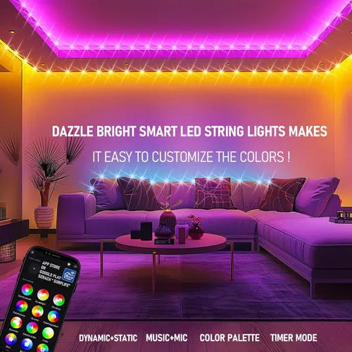 Vista 4 de Dazzle Bright - Luces de Navidad Inteligentes que Cambian de Color, 66 pies, 200 luces LED RGB con control remoto y aplicación, luces de árbol