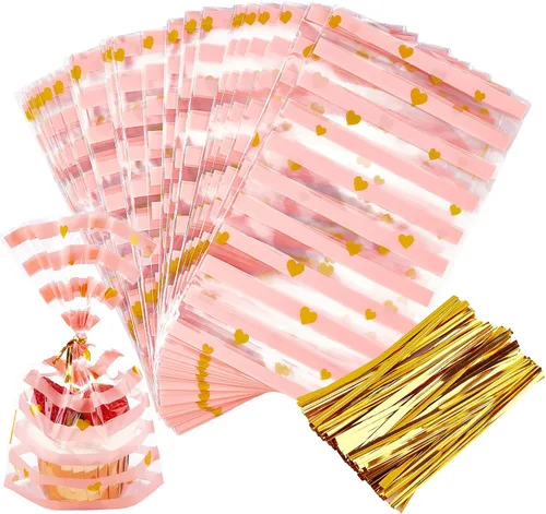 JOERSH Paquete de 100 bolsas de golosinas, bolsas de celofán con corazón rosa, refuerzo inferior de plástico transparente, para dulces, galletas,