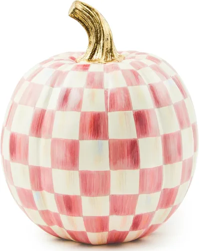 MACKENZIE-CHILDS Calabaza pequeña, decoración del hogar de Halloween de resina, chicle rosa y blanco a cuadros rosados