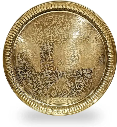 Craftsman 10 Inch Pure Brass Floral Design Pooja Aarti Thali Plate for Mandir, Temple, Indian Festival, Diwali, Aarti Platter for Prayer, Wedding