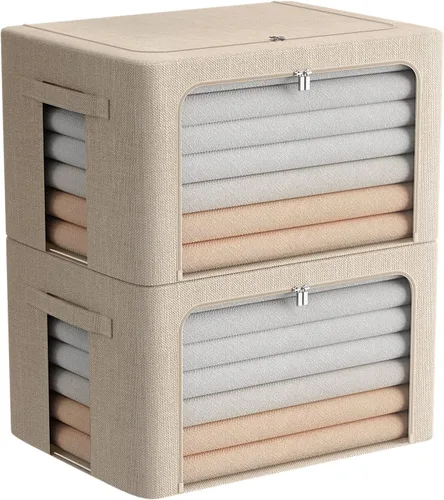 FHSQX Paquete de 2 contenedores transparentes para almacenamiento de ventana con tela plegable Cajas de almacenamiento de tela para ropa Caja de