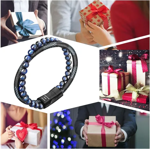 Vista 6 de murtoo - Pulsera de piel con cuentas o abalorios para hombre cuentas naturales acero y piel