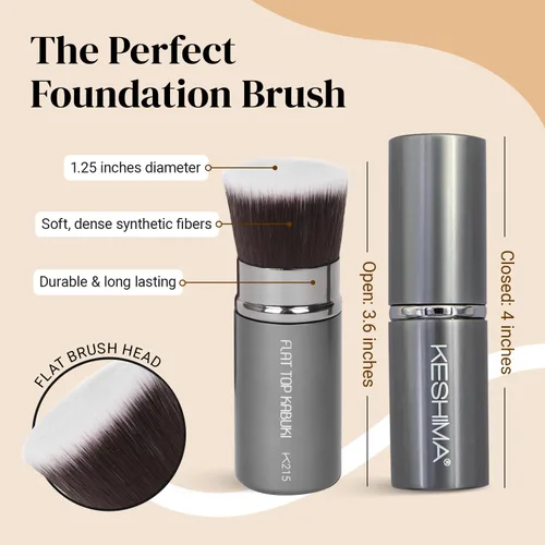 Vista 15 de Keshima Brocha de base plana Kabuki – Brocha de base prémium para maquillaje líquido, crema y polvo, pulido, mezcla y cara (tamaño regular, blanco)