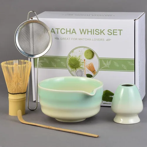 Juego de batidor de matcha, 5 piezas de té matcha de ceremonia japonesa, incluye cuenco de cerámica con boquilla, batidor de bambú y soporte,