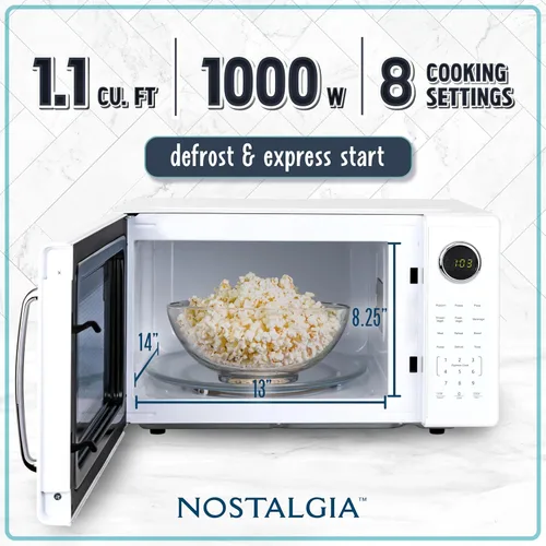 Vista 2 de Nostalgia Horno microondas retro de 1000 W de capacidad de 1.1 pies cúbicos - Bloqueo de seguridad para niños, 8 ajustes de cocción automática