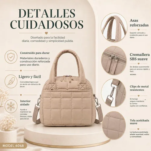 Vista 9 de LEDAOU Lonchera para Mujeres, Bolsa de Almuerzo Acolchada con Relleno Puffer, con Correa Ajustable, Aislada, Reutilizable, para el Trabajo, Escuela
