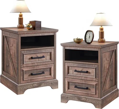 Vista 10 de ACCOHOHO mesita de noche de 18" estilo granja con estación de carga, mesa auxiliar con 2 cajones de almacenamiento, mesa de cabecera, mueble de Negro