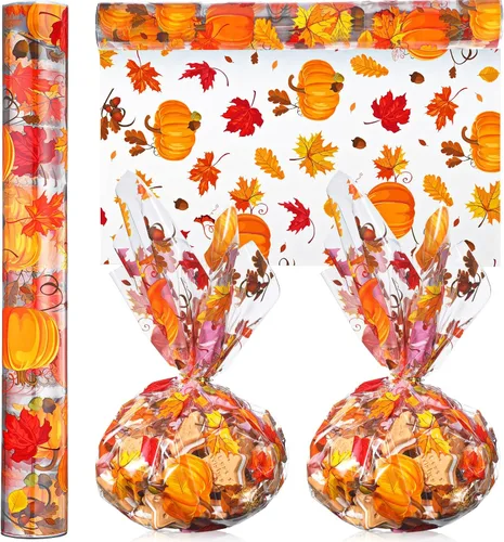 Papel de regalo de celofán de otoño, 100 x 16 pulgadas, 2.5 mil de grosor, rollo de envoltura de celofán transparente con temática de otoño,