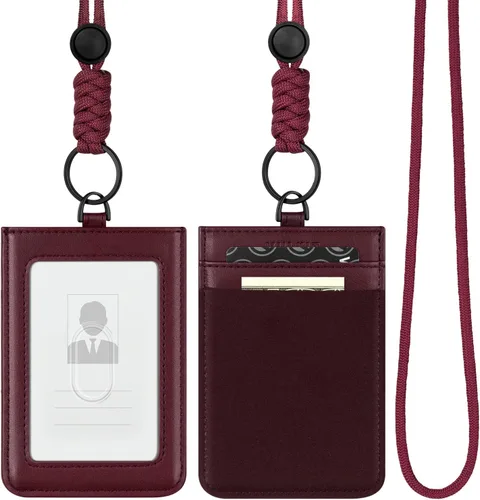 Vista 11 de VULKIT Soporte para tarjetas de identificación con cordón para mujeres y hombres, soporte vertical de cuero con ranura transparente para tarjetas