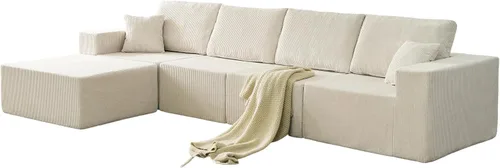 139.3 Inch Modular Sectional Sofa, Boneless Cloud Couch with Ottoman & Pillows, No Assembly L Shape Sleeper Sofa for Living Room, Bedroom, Beige - 4