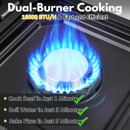 Vista 5 de Estufa de popane ajustable de 2 quemadores con 16000 BTU, protección contra llamas, con parrilla de campamento y bolsa de transporte, estufa