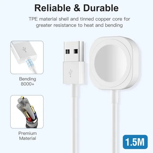 Vista 6 de Cargador USB iWatch compatible con cargador de Apple Watch, cable de carga rápida de 5 pies para i Watch Series 9, 8, 7, 6, 5, 4, 3, 2, SE/2, cable