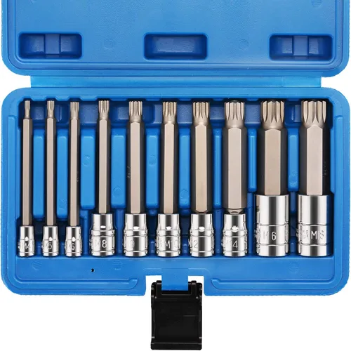 CASOMAN Juego de 10 llaves de punta estriada, tipo M, acero S2 y Cr-V, extralargo de 4 pulgadas de longitud, M4-M18, XZN Triple Square Spline Bit Set