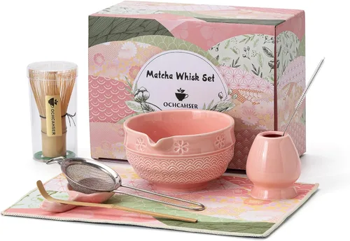 Vista 13 de Juego de té Matcha, kit japonés de 8 piezas con cuenco cerámico de diseño de flores de cerezo y olas, batidor de bambú, soporte para batidor
