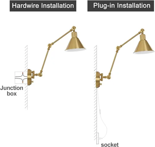 Vista 7 de TRLIFE Aplique de pared enchufable, aplique de pared regulable de latón cepillado, con brazo oscilante, luz de pared enchufable con cable de enchufe