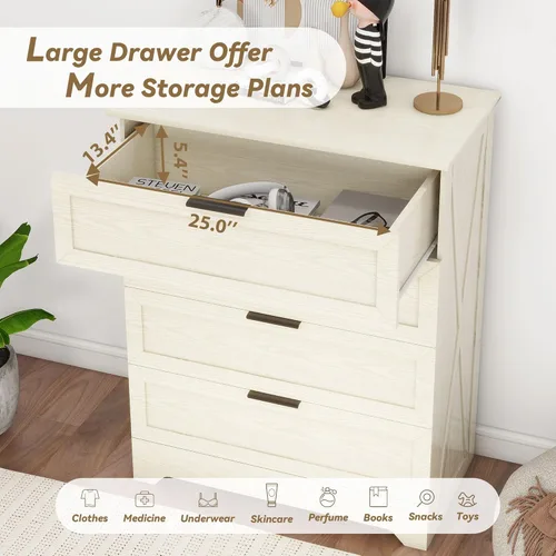 Vista 3 de FTZxHKLX Cómoda de 4 cajones para dormitorio, cómoda alta con cajón grande y asas negras, organizador de almacenamiento de madera, cajonera