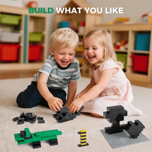 Vista 8 de HUIZDQ 500 piezas de ladrillos de construcción clásicos y 1 placa base gris, ladrillos de 2 x 4, juguetes de construcción creativos a granel, Negro
