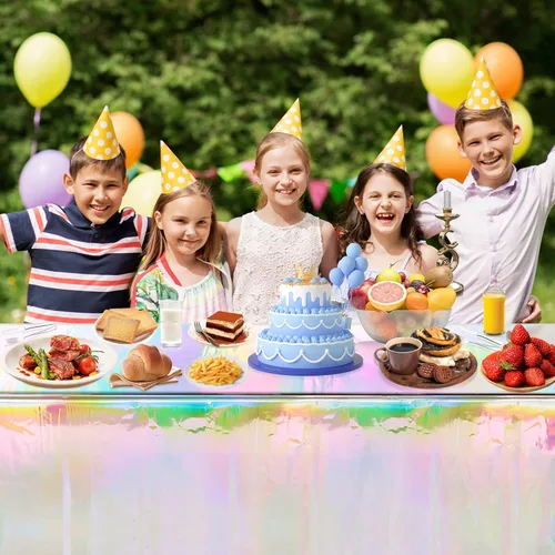 Vista 7 de Paquete de 7 manteles de plástico iridiscente desechables con láser, manteles rectangulares holográficos de papel de aluminio holográfico