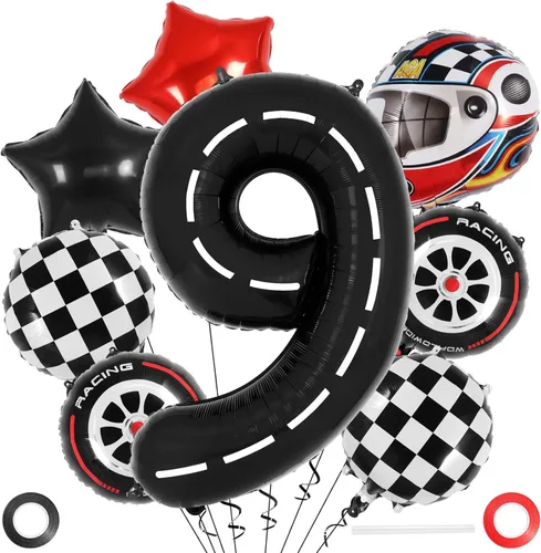 Vista 15 de Globos de cumpleaños de auto de carreras, globo número 0 de carrera, globo de aluminio grande de 40 pulgadas, globo negro 0 para decoración