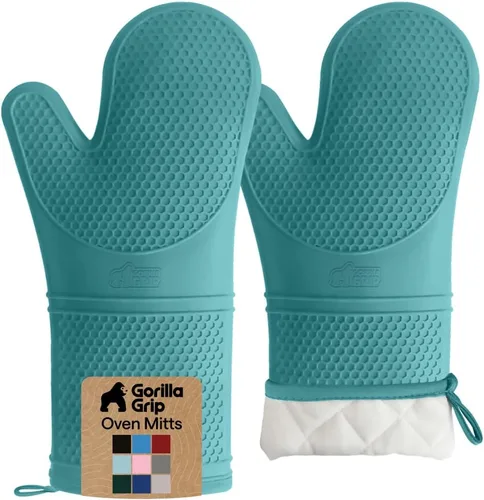 Vista 37 de GORILLA GRIP Guantes de horno de silicona suave sin BPA, 14.5 x 8.3, resistentes al calor e impermeables, forro de algodón grueso, agarre flexible