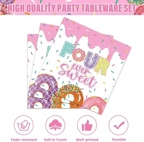 Vista 4 de 96 piezas de decoración de fiesta de cumpleaños de dona para el cuarto cumpleaños para 24 invitados Cuatro dulces platos de papel de dona