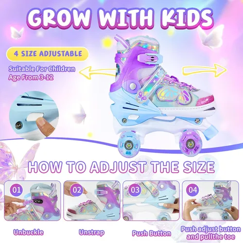 Vista 5 de SHDSL Girls Roller Skates for Kids Beginners 4 Size Adjustable Roller Skates, Light UP 8 Wheels for Girls Roller Skate Fun Illuminating Roller Skate