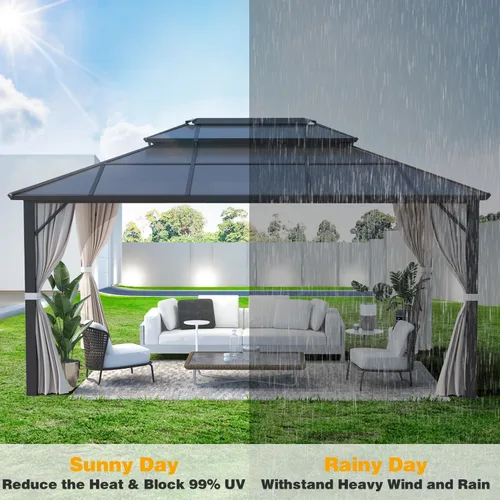Vista 6 de MELLCOM Gazebo de techo rígido de 12 x 16 pies, gazebo de aluminio de doble techo de policarbonato, glorieta de toldo impermeable para exteriores