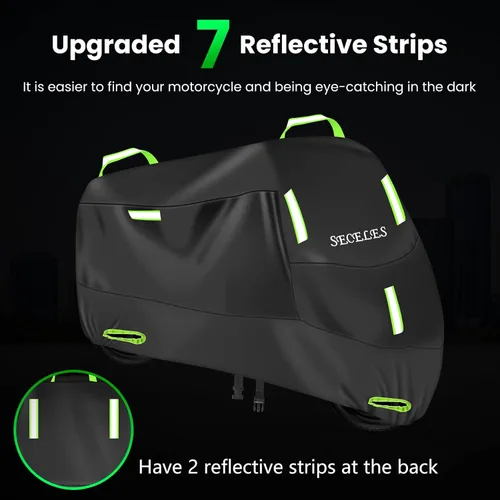 Vista 4 de Seceles Funda para motocicleta 300D, resistente, duradera, impermeable, para exteriores, protección para todas las estaciones, con 7 tiras