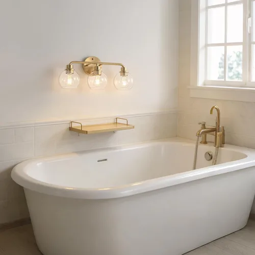 Vista 6 de Lámparas de baño doradas para tocador, 3 luces, apliques de pared, luces de latón cepillado con pantallas de vidrio globo transparente, lámpara