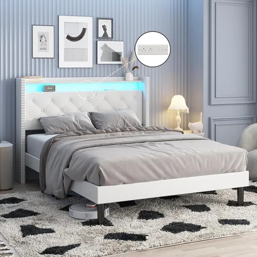 Vista 3 de Vabches Base de cama de tamaño matrimonial con cabecera LED, plataforma tapizada de terciopelo con luces y estación de carga, cabecera