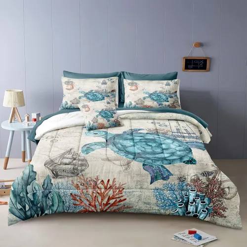 Vista 8 de Juego de edredón de tortuga oceánica cama en una bolsa, ropa de cama con temática de playa costera de 8 piezas con 1 edredón, 1 sábana encimera, 1