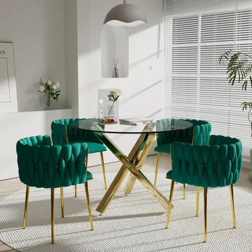 Vista 24 de Juego de mesa de comedor de cristal redondo dorado de 5 piezas, 39 pulgadas con tapa de cristal transparente para 4, mesa de cocina circular de lujo
