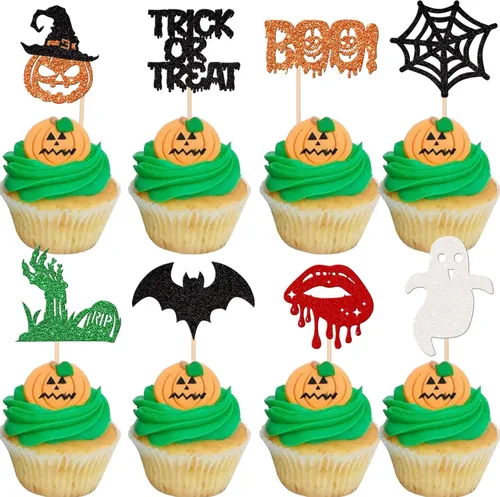 Vista 18 de 24 piezas de decoración de cupcakes de Halloween para despedida de soltero con purpurina, araña, bruja, murciélago, Halloween, cupcakes