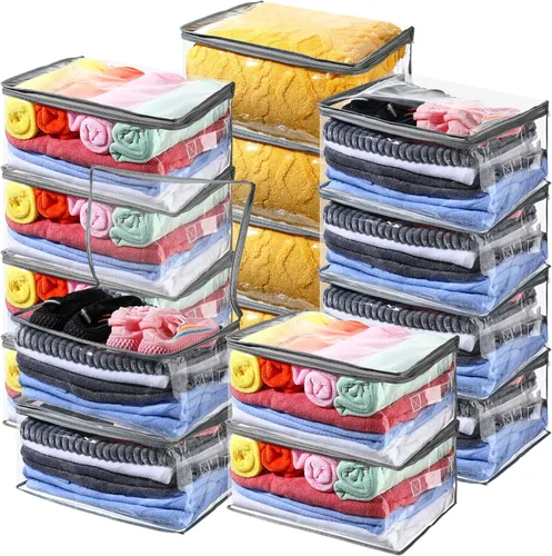 Vista 8 de Windyun Paquete de 16 bolsas de almacenamiento transparentes con cremallera y asa para ropa, manta de plástico resistente, bolsas de mudanza