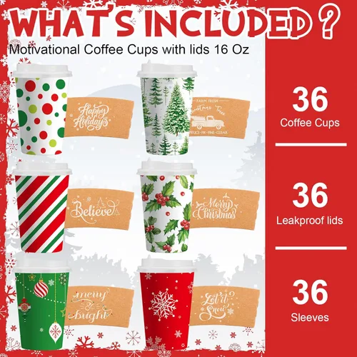 Vista 3 de 36 juegos/108 vasos de papel de Navidad de 16 onzas desechables de Navidad para llevar, tazas de café con tapas y mangas, taza de café de cacao