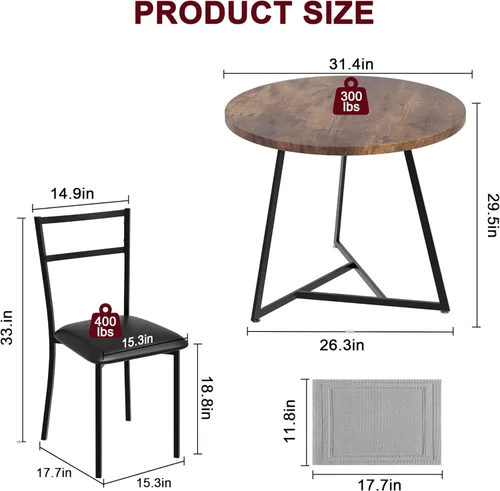 Vista 6 de SLKEVERSA Small Dining Table Set for 2, Circle Kitchen Table with 2 Upholstered Chairs and Backrest, 3-Piece Round Table and Chairs Set for